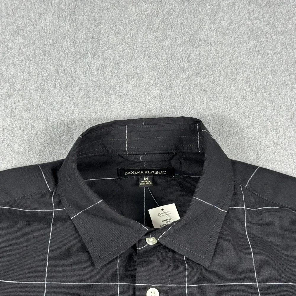 Banana Republic Mens Stretch Black Check Shirt M Pocket Front Long Sleeve‎ NWT